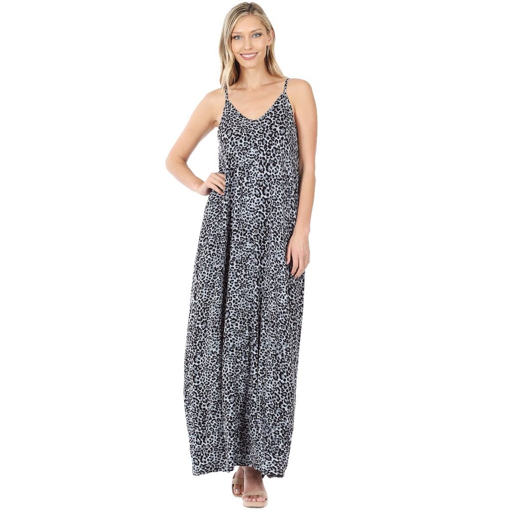 Grey Leopard Maxi Dress with Pockets